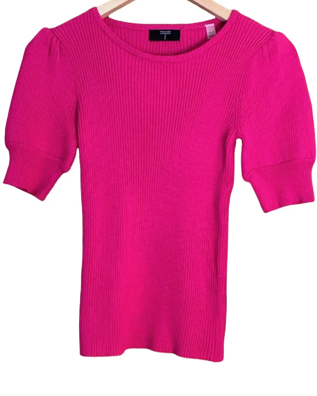 Bright Spring Fuchsia Lantern Sleeve Rib Knit Pullover