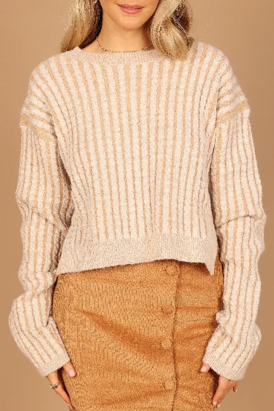 Dakota Crew Neck Oversized Sleeve Knit Sweater - Light Brown