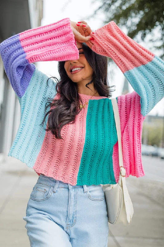 Any Other Way Pink and Blue Color Block Sweater