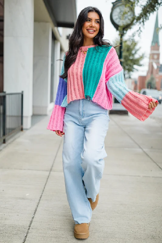 Any Other Way Pink and Blue Color Block Sweater