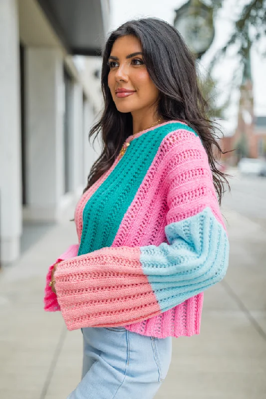 Any Other Way Pink and Blue Color Block Sweater