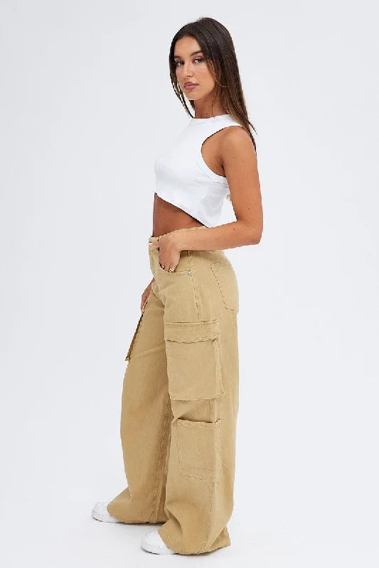 Beige Cargo Jeans Wide Leg Mid Rise