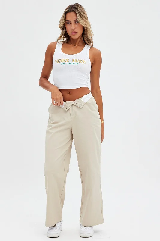 Beige Pant Straight Leg Turned Down Waist