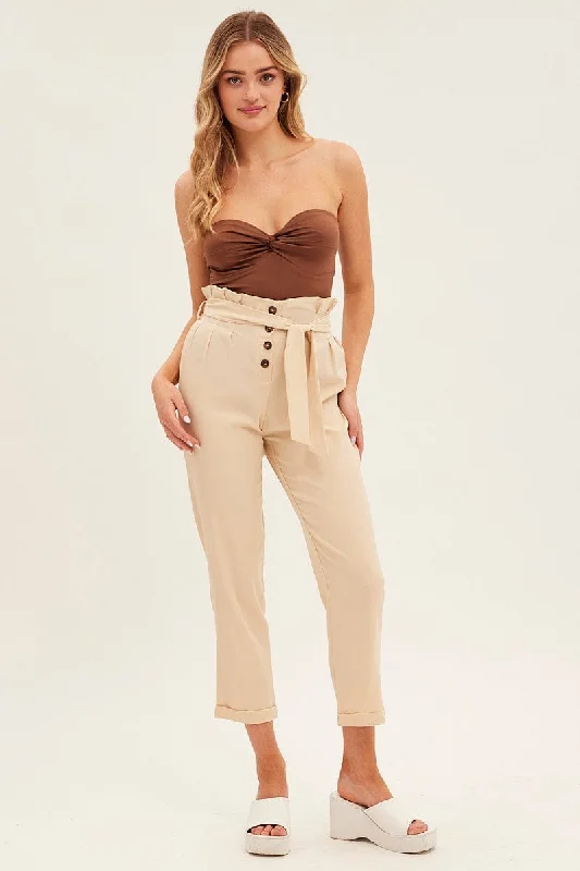 Beige Tie And Elastic Waist Slim Leg Pant