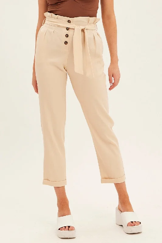 Beige Tie And Elastic Waist Slim Leg Pant