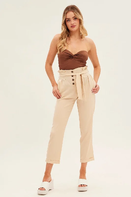 Beige Tie And Elastic Waist Slim Leg Pant