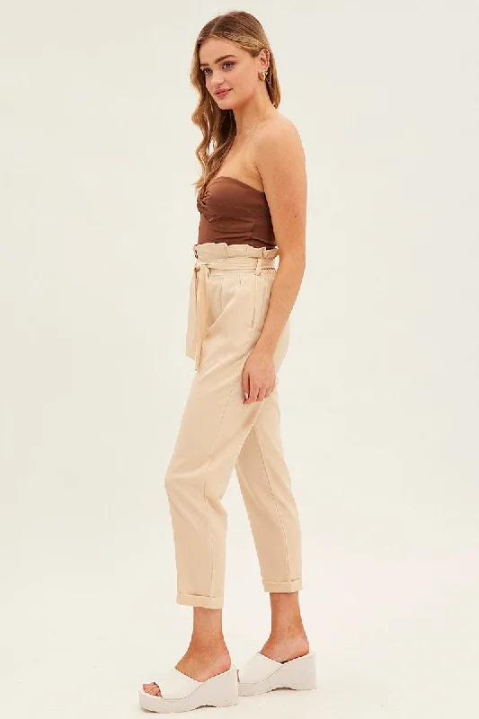 Beige Tie And Elastic Waist Slim Leg Pant