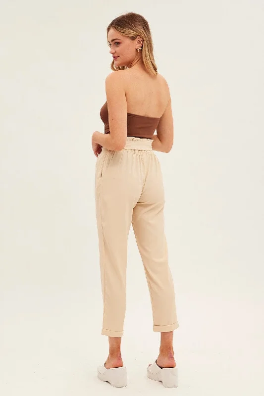 Beige Tie And Elastic Waist Slim Leg Pant