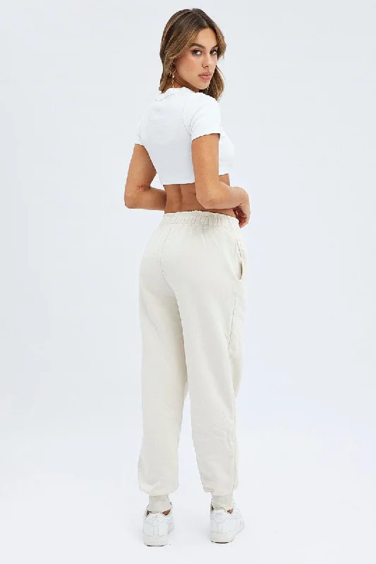 Beige Track Pants High Rise Jogger