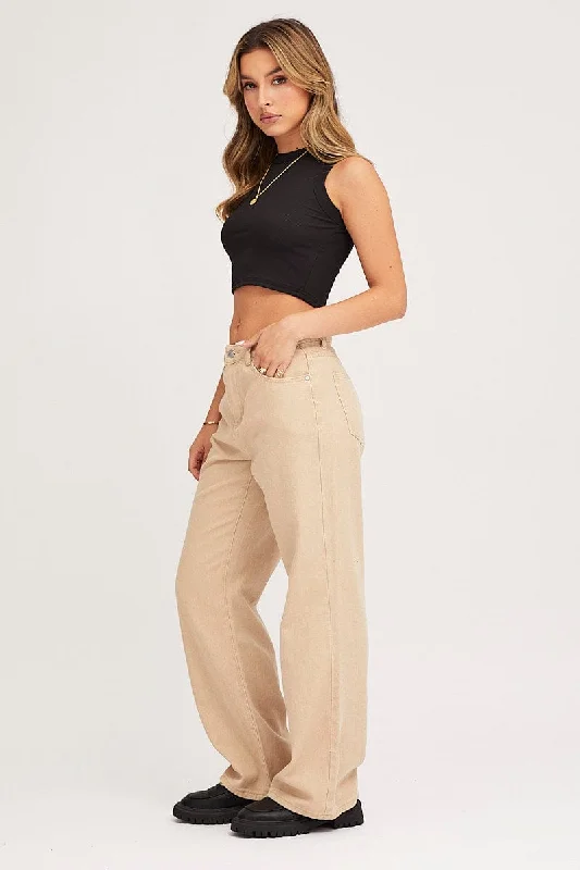 Beige Wide Leg Denim Jeans High Rise