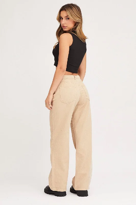 Beige Wide Leg Denim Jeans High Rise