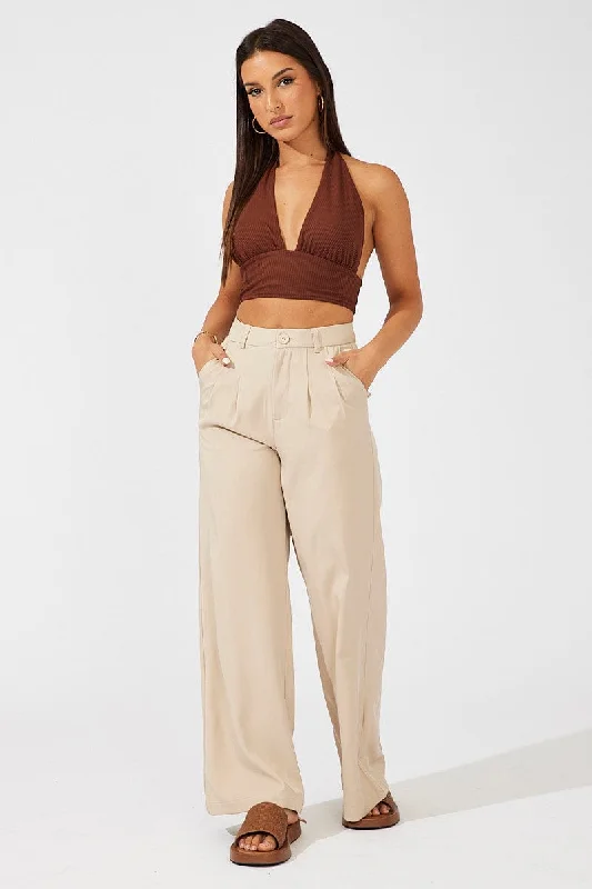 Beige Wide Leg Pants High Rise