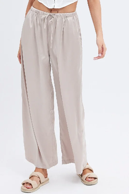 Beige Wide Leg Pants High Rise