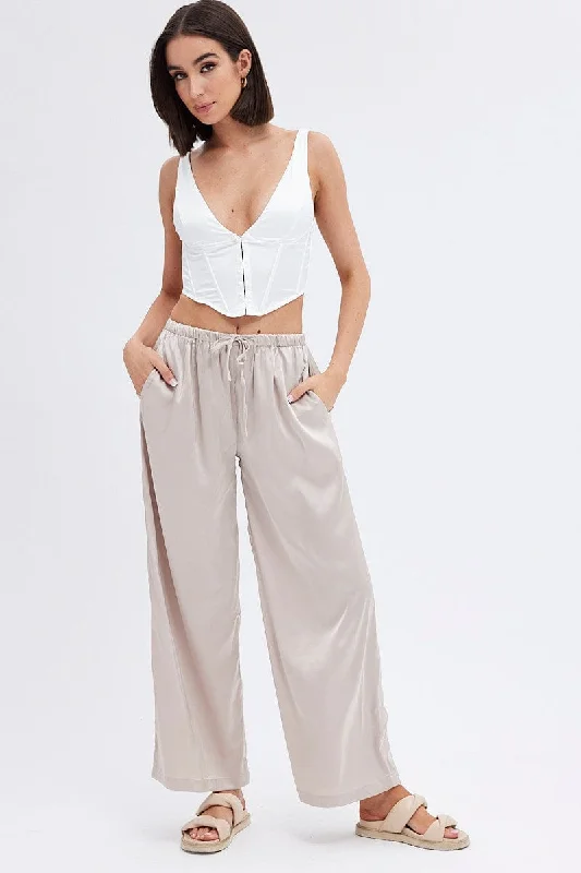 Beige Wide Leg Pants High Rise