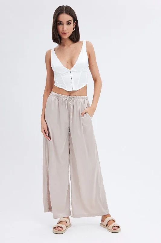 Beige Wide Leg Pants High Rise