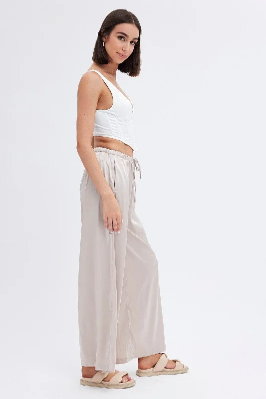 Beige Wide Leg Pants High Rise