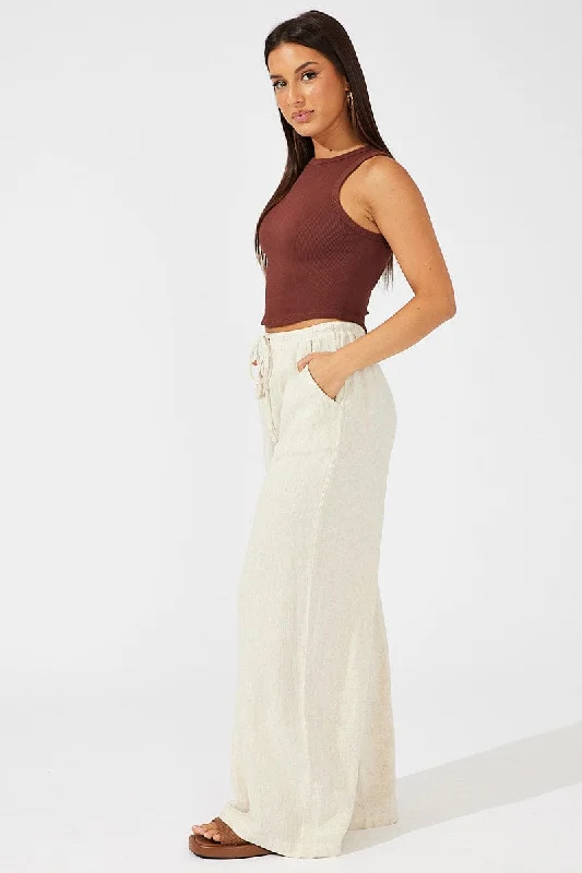 Beige Wide Leg Pants High Rise