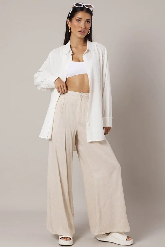 Beige Wide Leg Pants High Rise Linen Blend