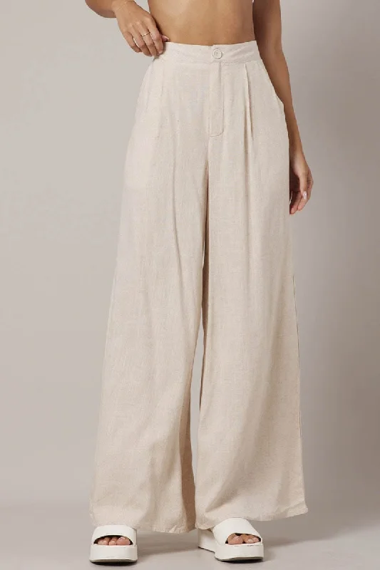 Beige Wide Leg Pants High Rise Linen Blend