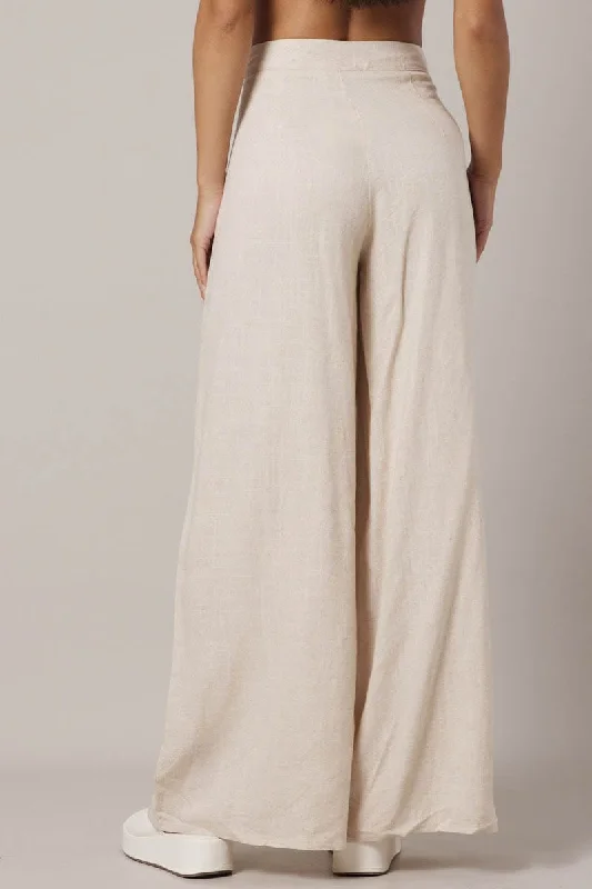 Beige Wide Leg Pants High Rise Linen Blend