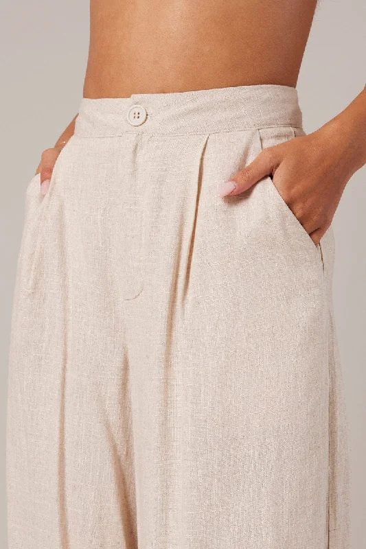 Beige Wide Leg Pants High Rise Linen Blend