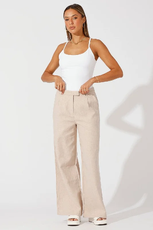 Beige Wide Leg Pants High Rise Tailored