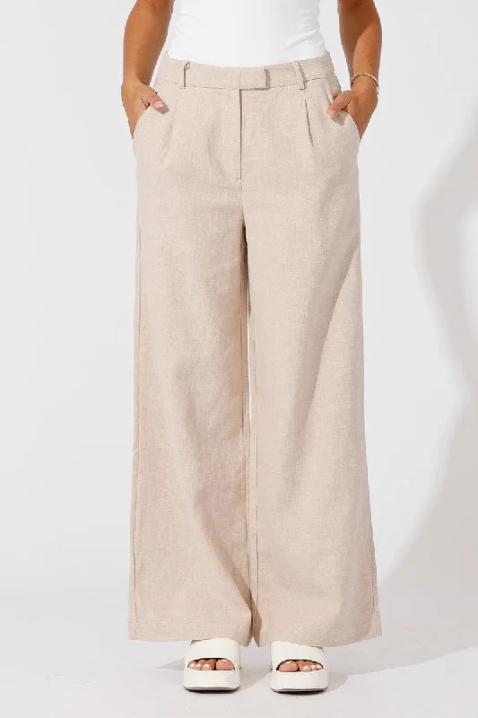 Beige Wide Leg Pants High Rise Tailored