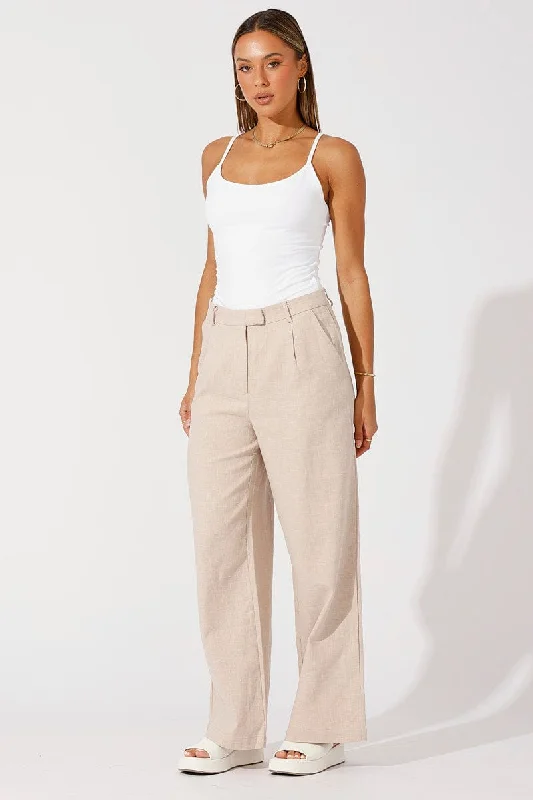 Beige Wide Leg Pants High Rise Tailored