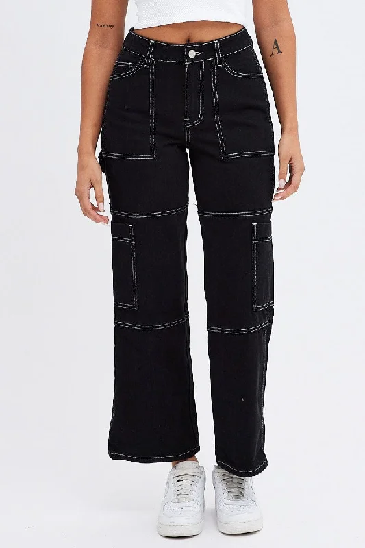 Black Cargo Jeans High Rise Straight Leg Utility