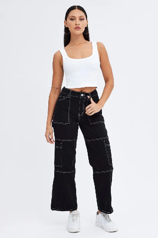 Black Cargo Jeans High Rise Straight Leg Utility