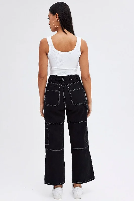 Black Cargo Jeans High Rise Straight Leg Utility