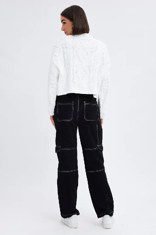 Black Cargo Jeans Straight Back Elastic Waist