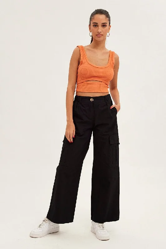 Black Cargo Pants Wide Leg Mid Rise