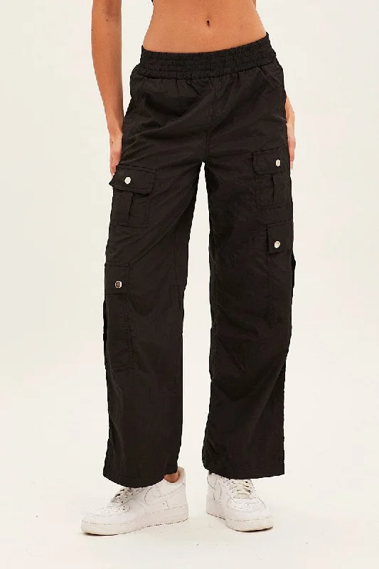 Black Elastic Waist High Rise Wide Leg Cargo Pants