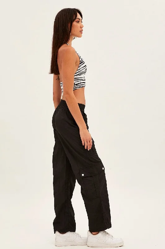 Black Elastic Waist High Rise Wide Leg Cargo Pants