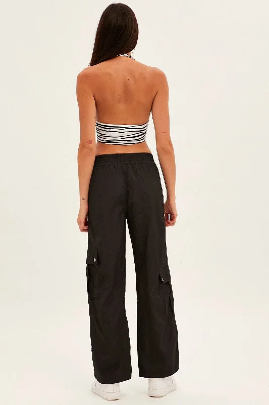 Black Elastic Waist High Rise Wide Leg Cargo Pants