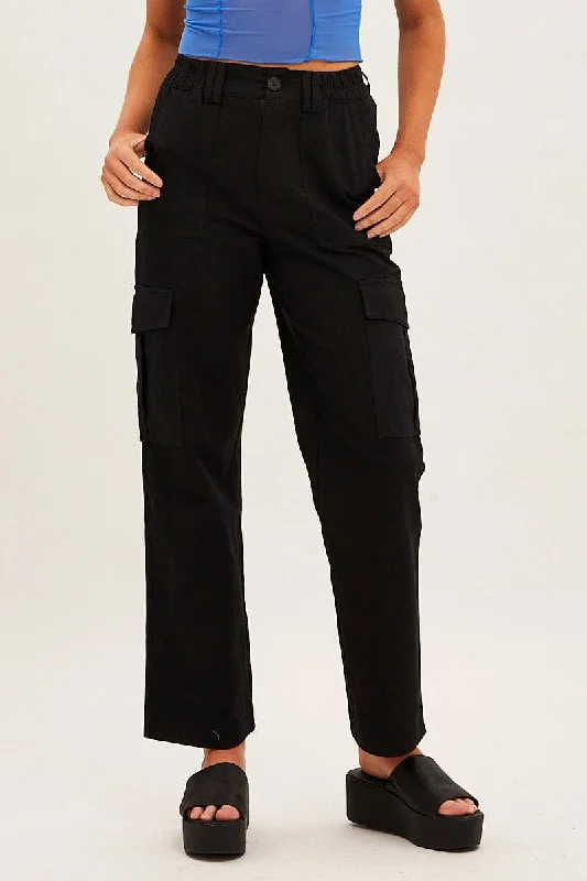 Black High Rise Wide Leg Cargo Pants