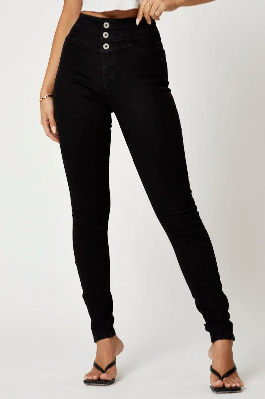 BLACK High Waist 3 Buttons Full Length Denim Jeans