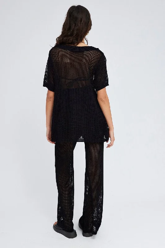 Black Knit Pants Wide Leg Crochet