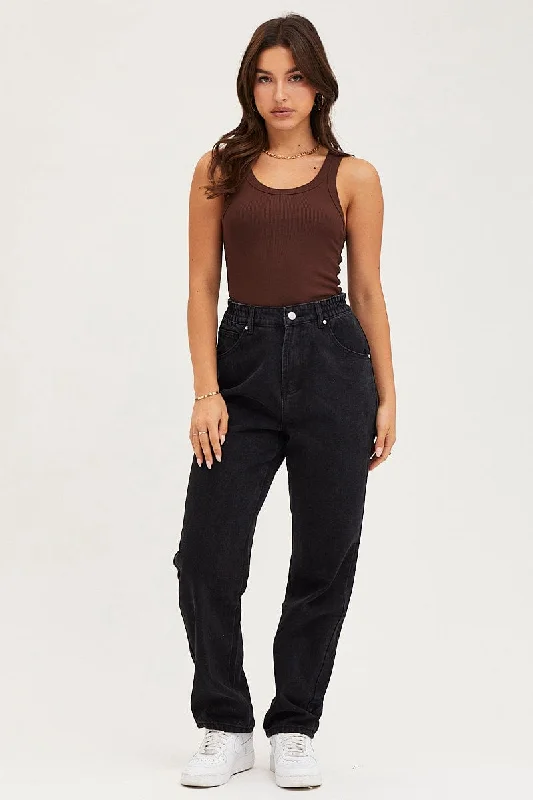 Black Paperbag Denim Jeans High Rise