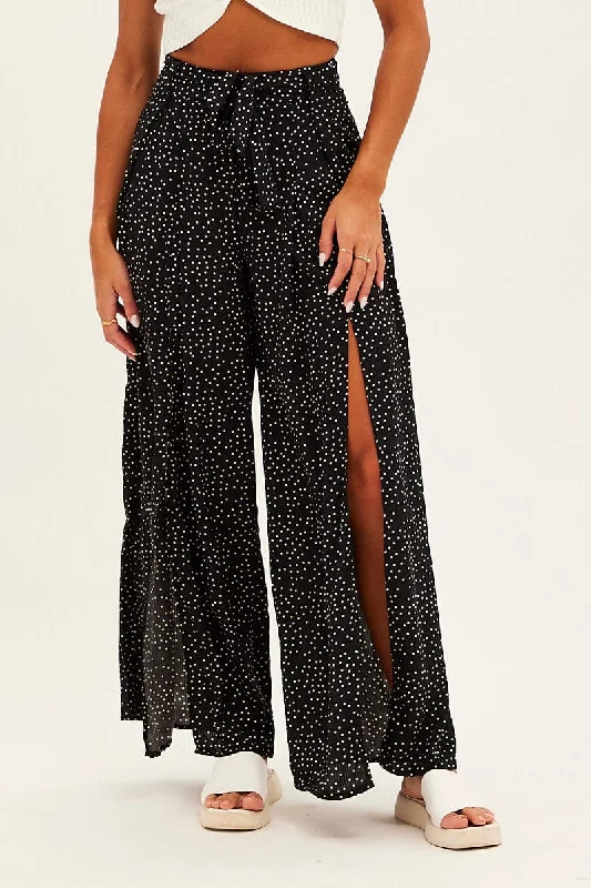 Black Polka Dot Wide Leg Pants High Rise Waist Tie