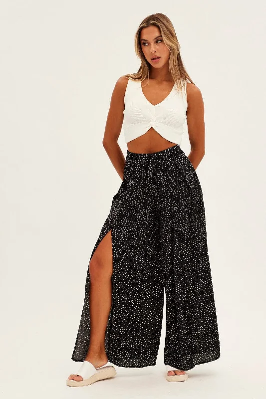 Black Polka Dot Wide Leg Pants High Rise Waist Tie