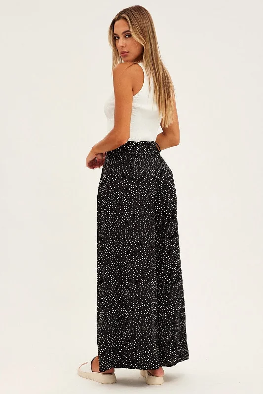 Black Polka Dot Wide Leg Pants High Rise Waist Tie