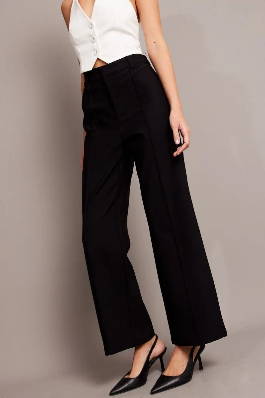 Black Straight Fit Pants High Rise