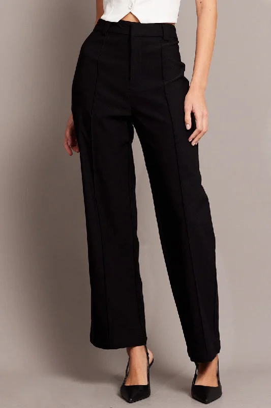 Black Straight Fit Pants High Rise