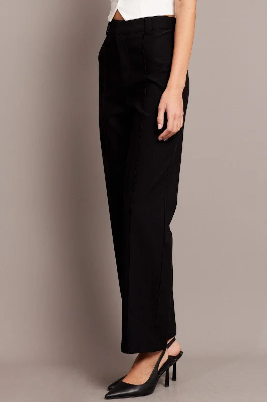 Black Straight Fit Pants High Rise