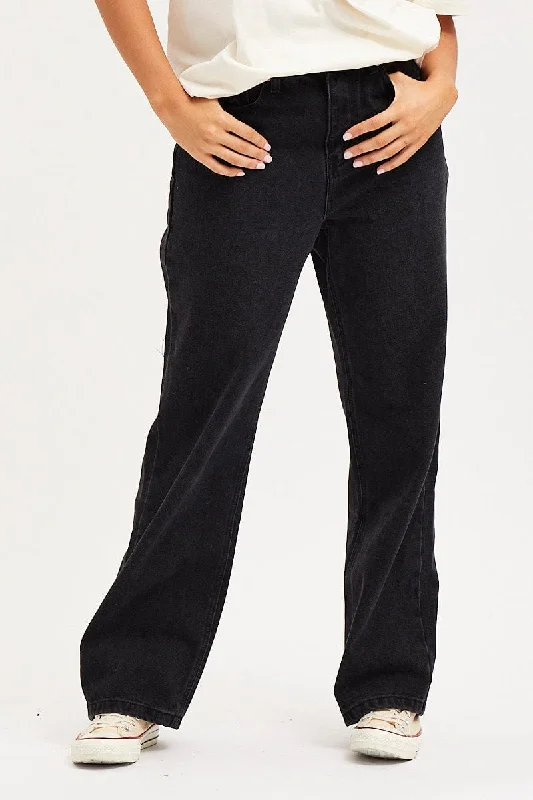 Black Unisex Straight Denim Jeans Mid Rise