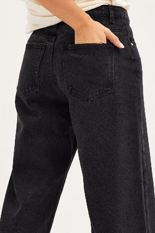 Black Unisex Straight Denim Jeans Mid Rise