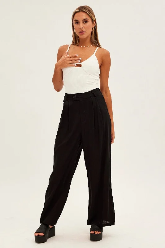 Black Wide Leg Pants High Rise Linen Blend