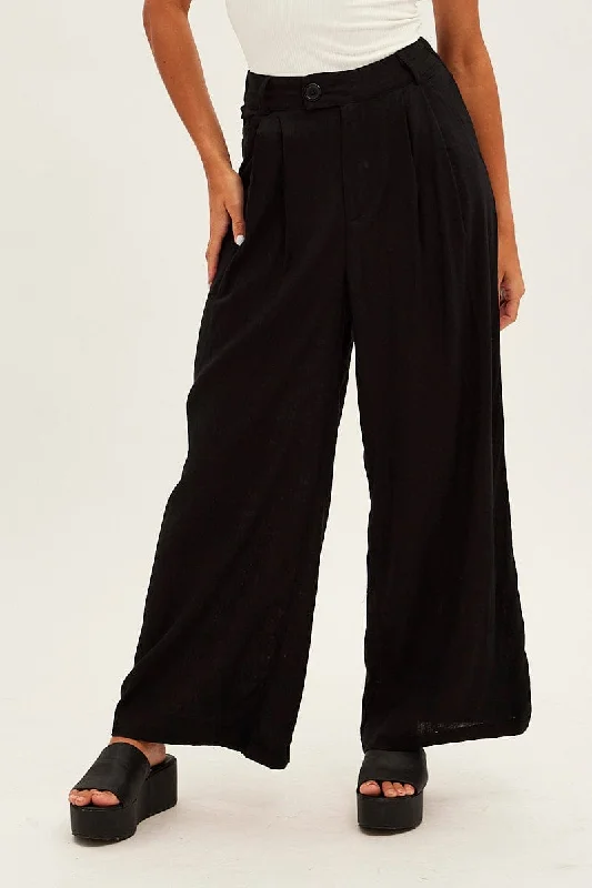 Black Wide Leg Pants High Rise Linen Blend